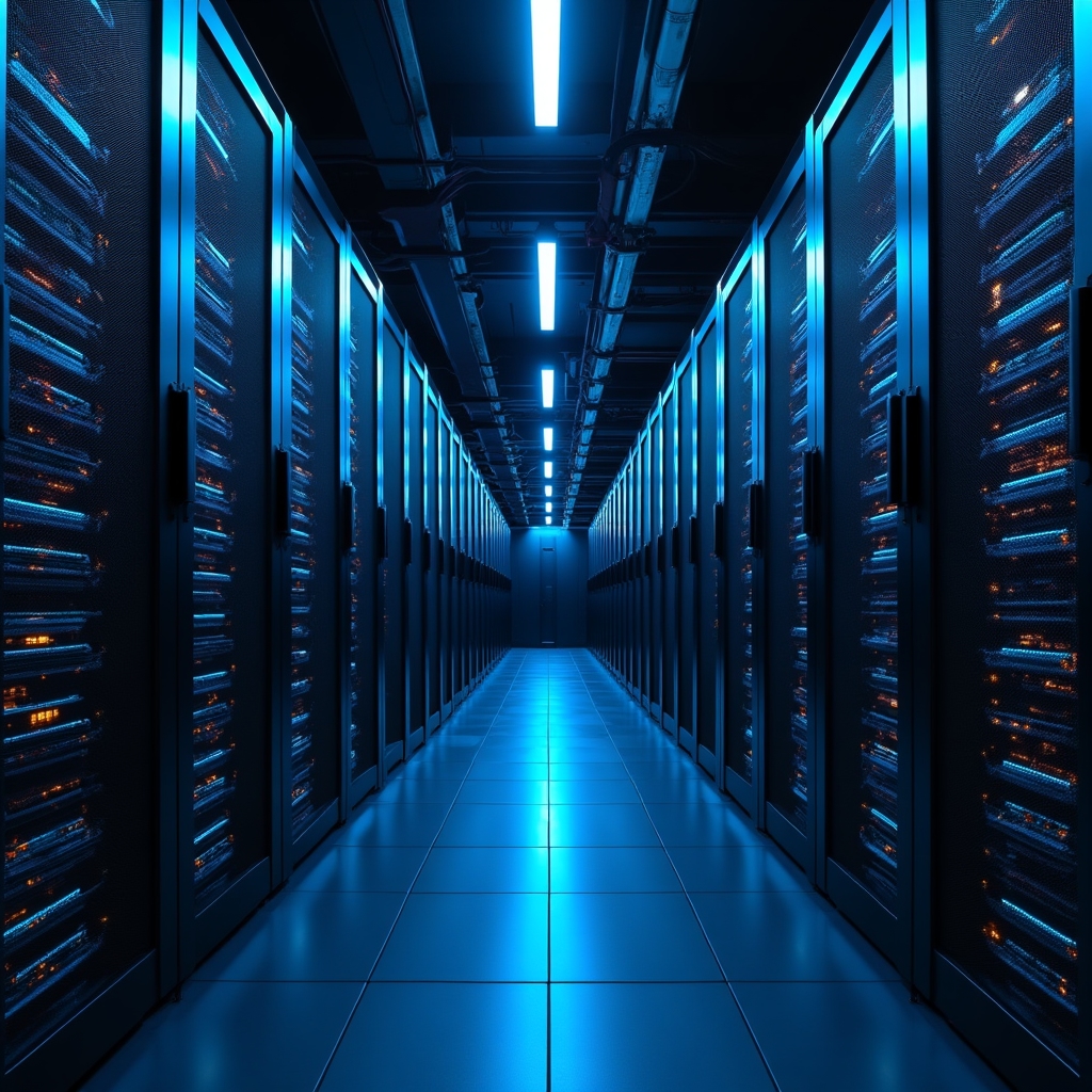 Server room with blue lighting representing the secure technology infrastructure behind BlueMesa Exchange platform